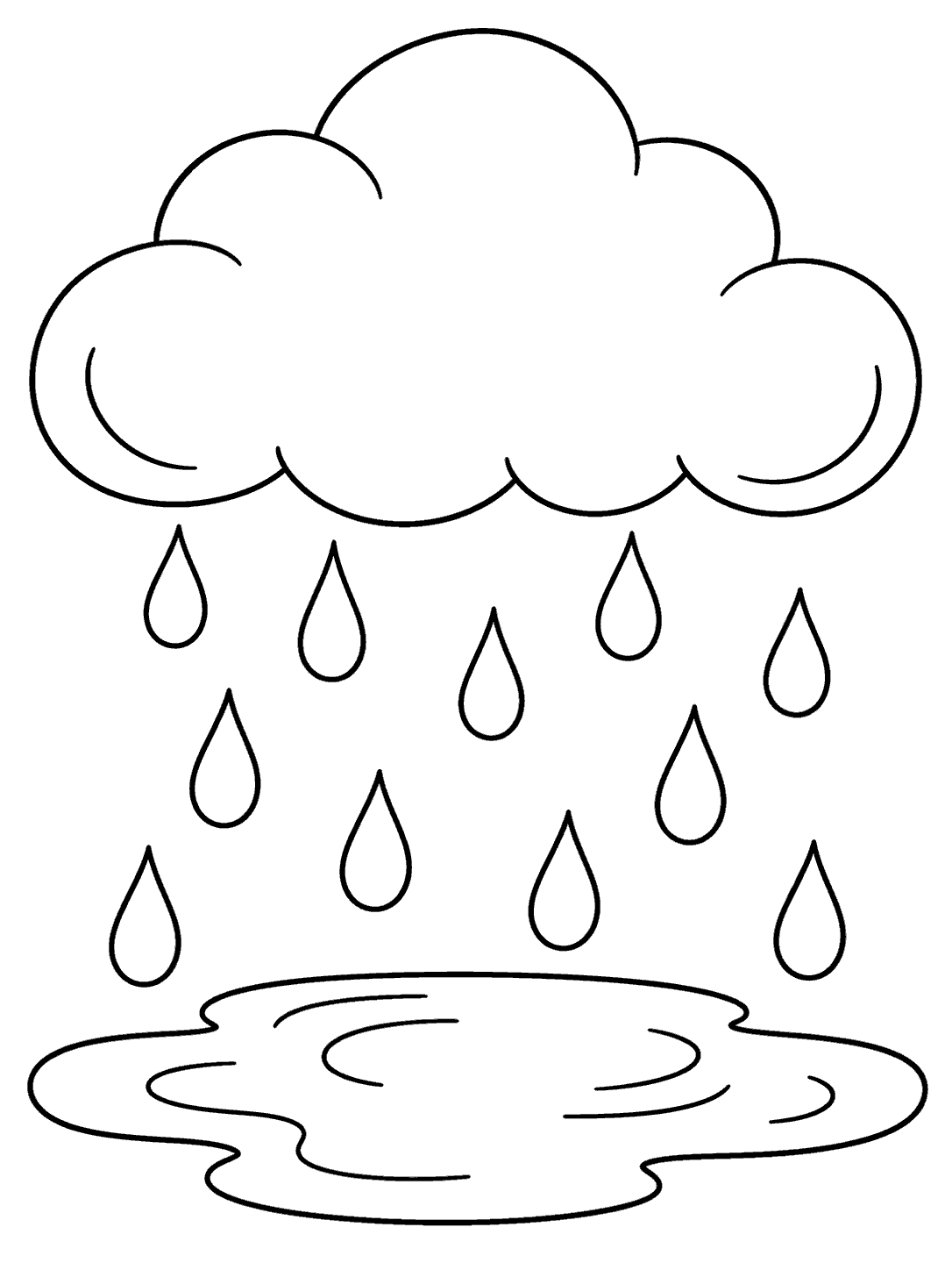 Black-outline coloring page showing a large rounded rain cloud, falling raindrops, and a broad puddle on white.