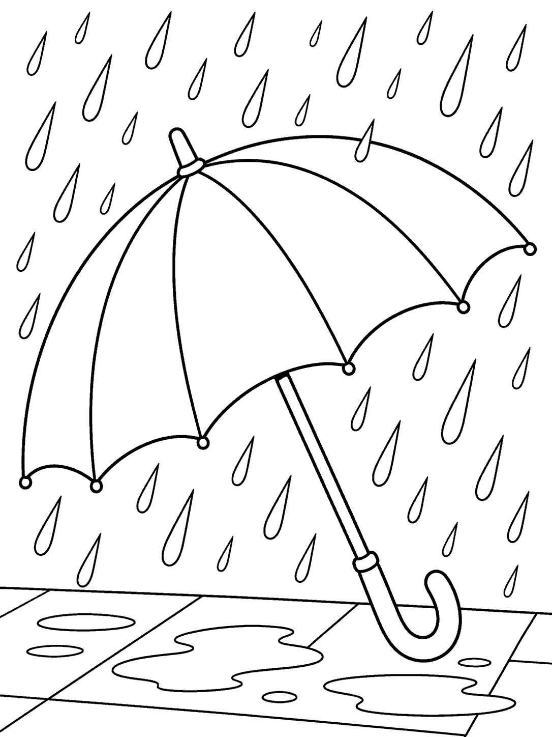 Open umbrella with panel seams, falling raindrops, and a puddled sidewalk in a black-outline coloring page.