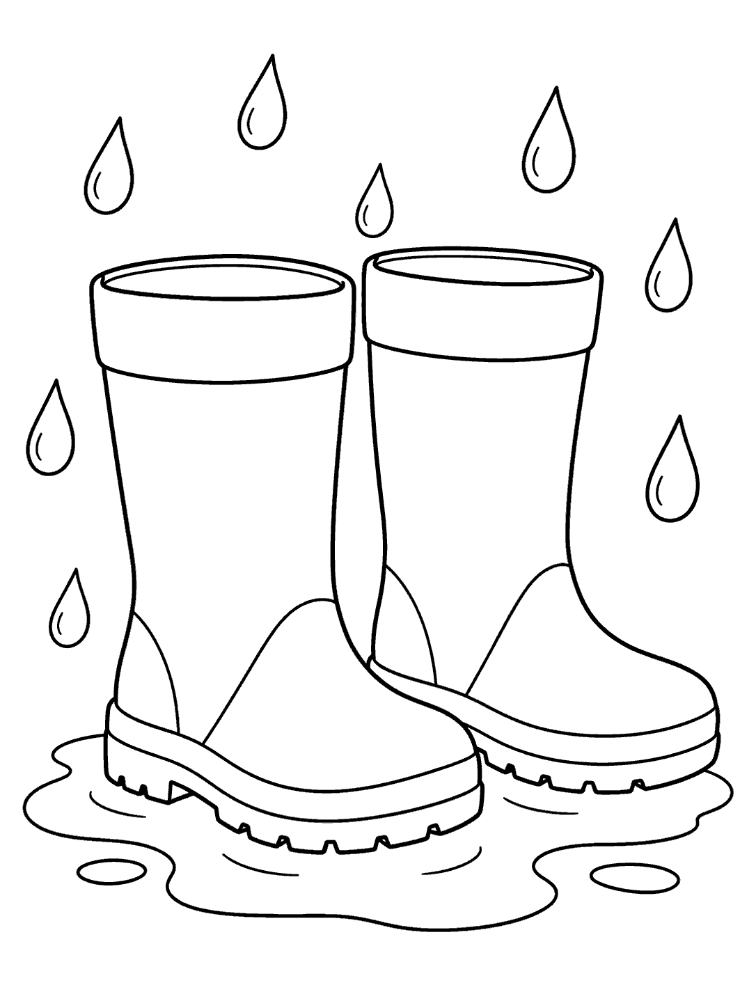Black outline coloring page of two rain boots standing in a puddle with raindrops