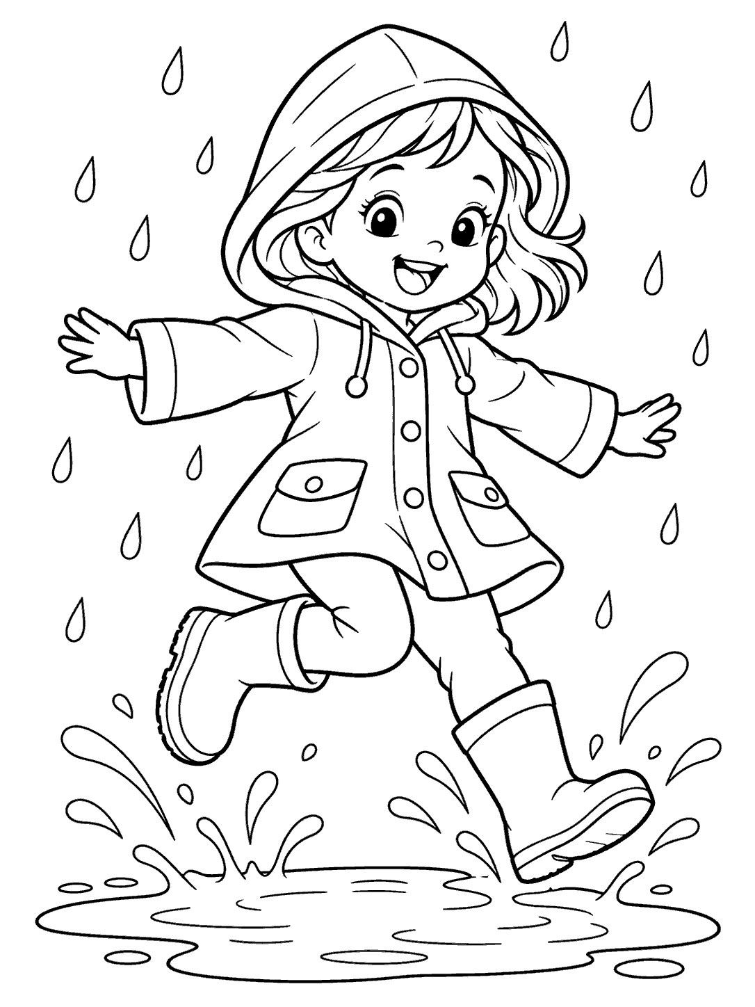 Child in a raincoat and boots jumping into a puddle with splash arcs and raindrops, coloring page