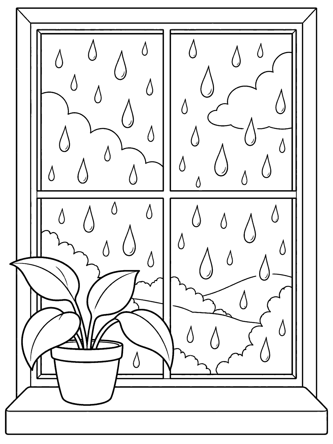 Black-outline coloring page of a rainy four-pane window with raindrops and a potted plant on the sill