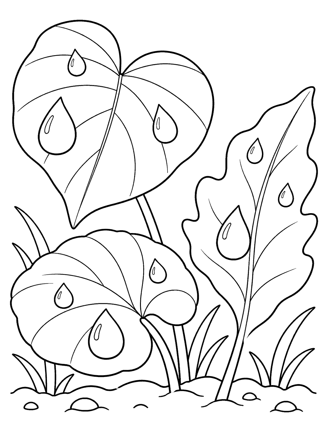 Three large garden leaves with raindrops in a printable coloring page
