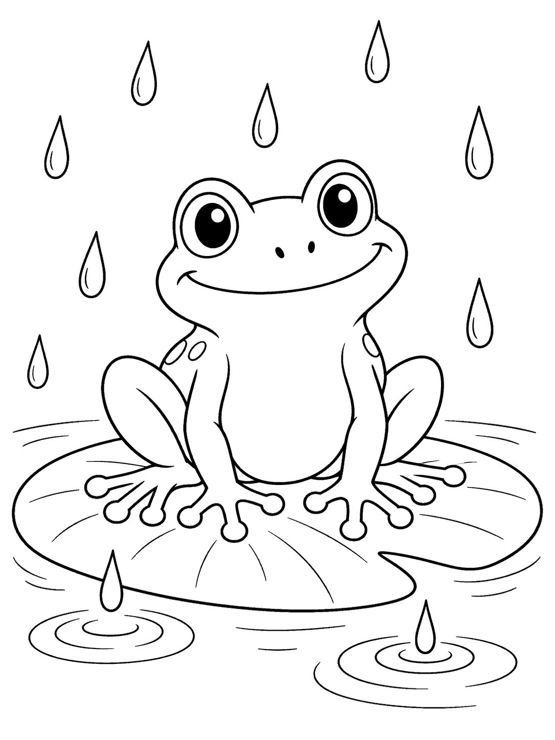 Black-outline coloring page of a smiling frog seated on a lily pad beneath raindrops, with pond ripples.