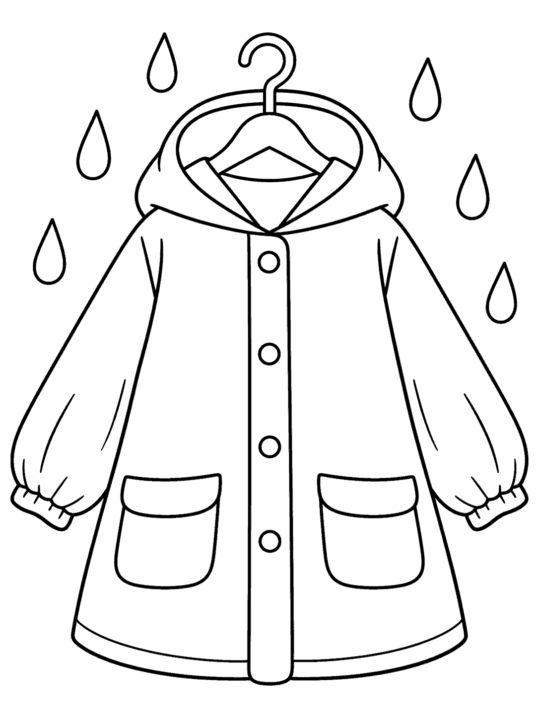 Black-outline coloring page of a hooded raincoat on a hanger with raindrops around it.