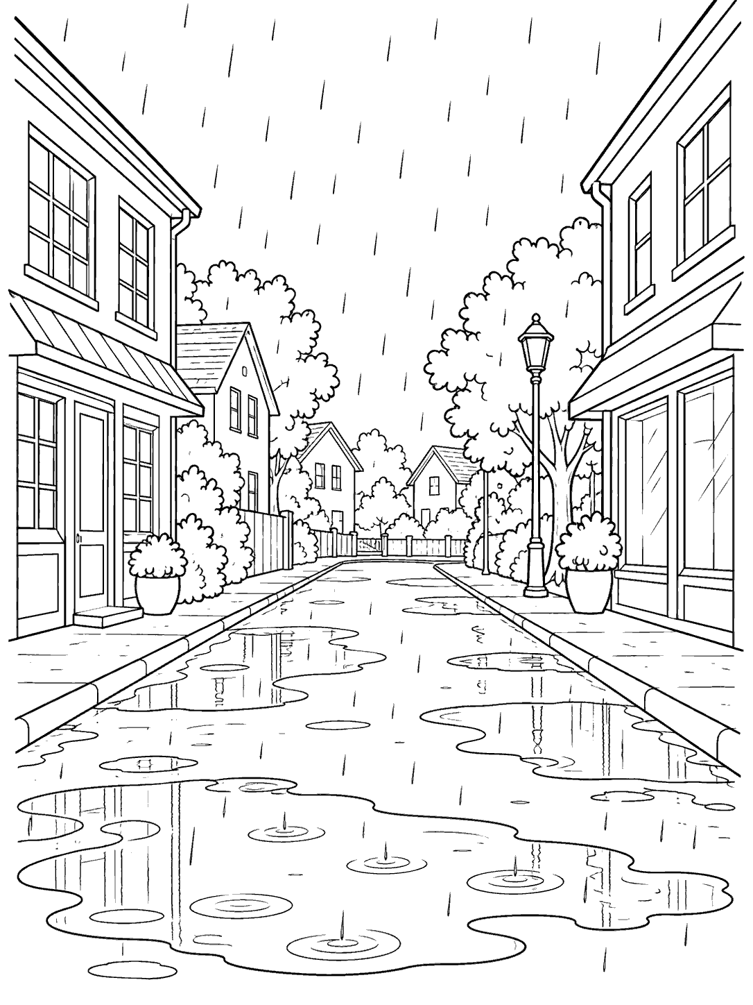 Black-outline coloring page of a rainy neighborhood street lined with buildings, windows, trees, and puddles.