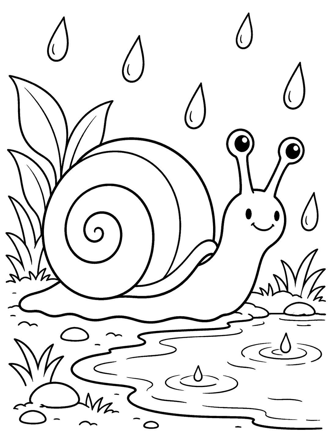 A smiling snail with a large spiral shell beside a puddle, under falling raindrops, in a black-outline coloring page.