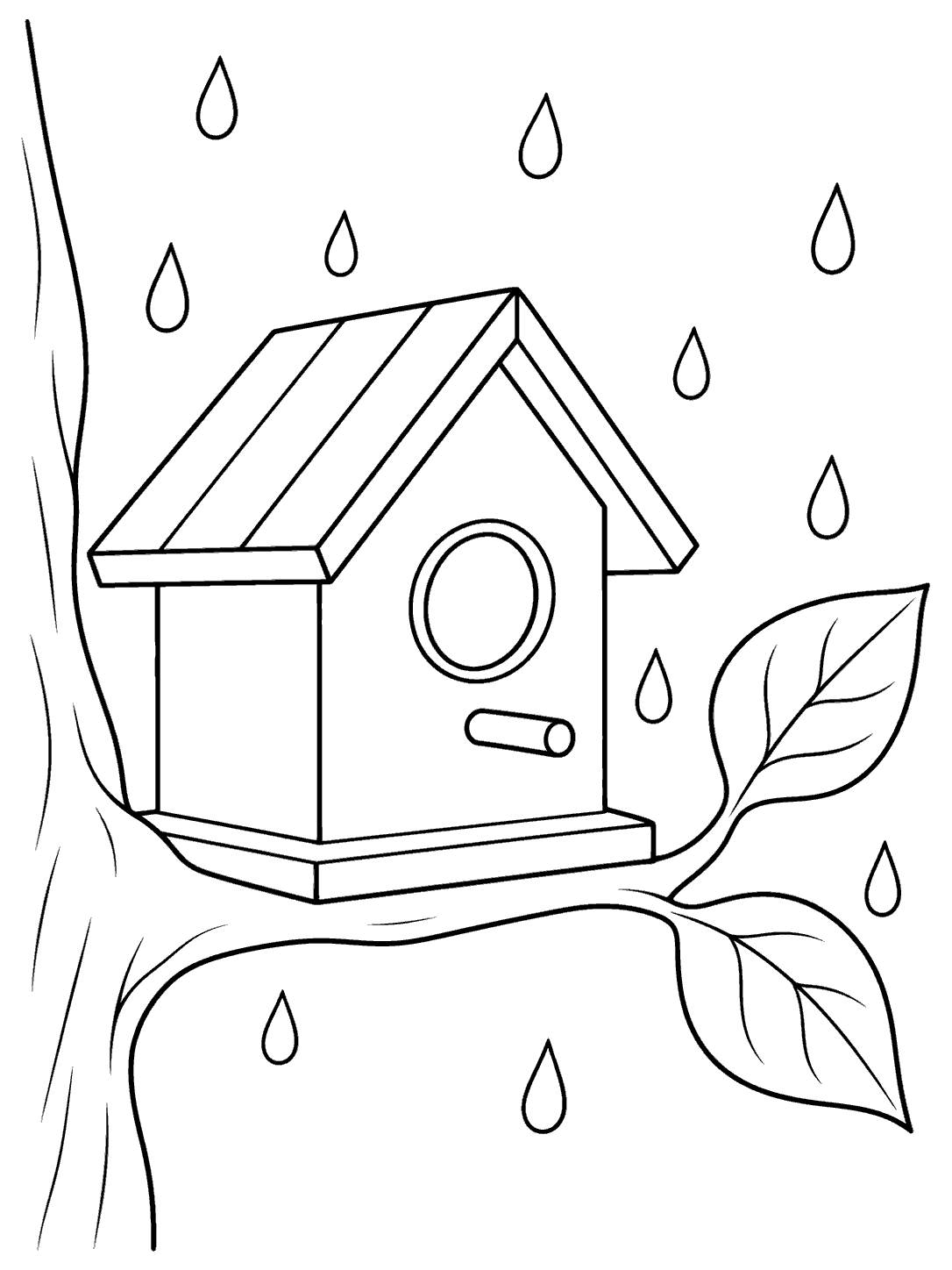 Black-outline birdhouse with a round entrance on a branch with two broad leaves and raindrops, coloring page.