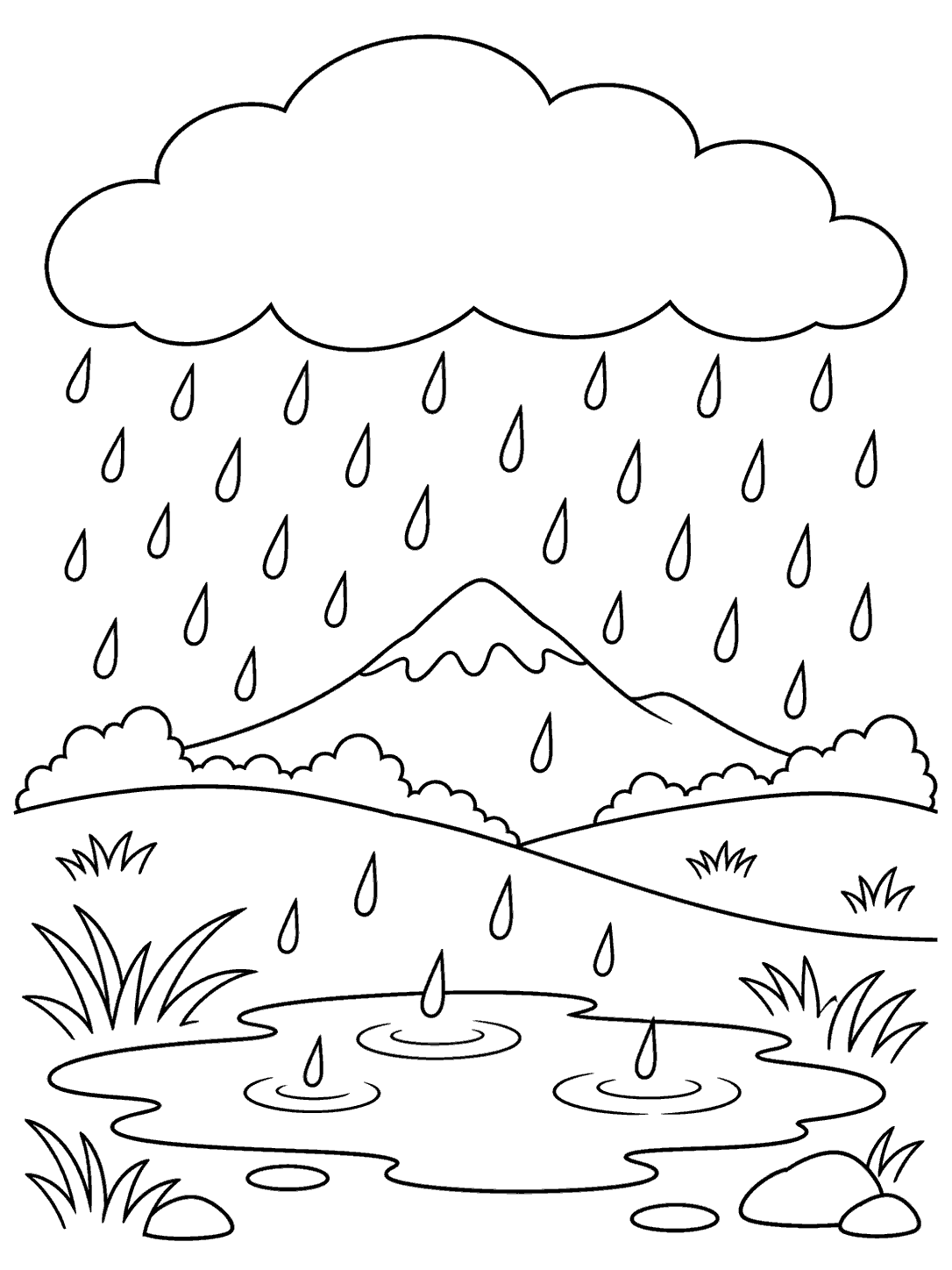 A large rain cloud showers a mountain landscape with rolling hills, grass, and a foreground puddle in a black-outline coloring page.
