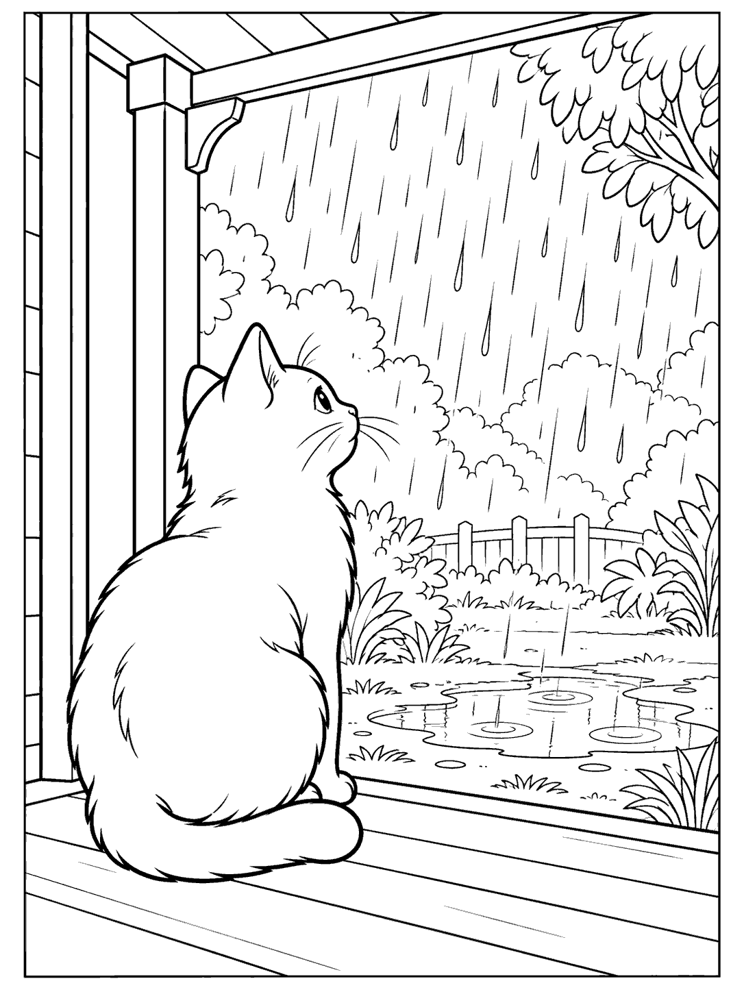 Cat watching rain from a doorstep coloring page