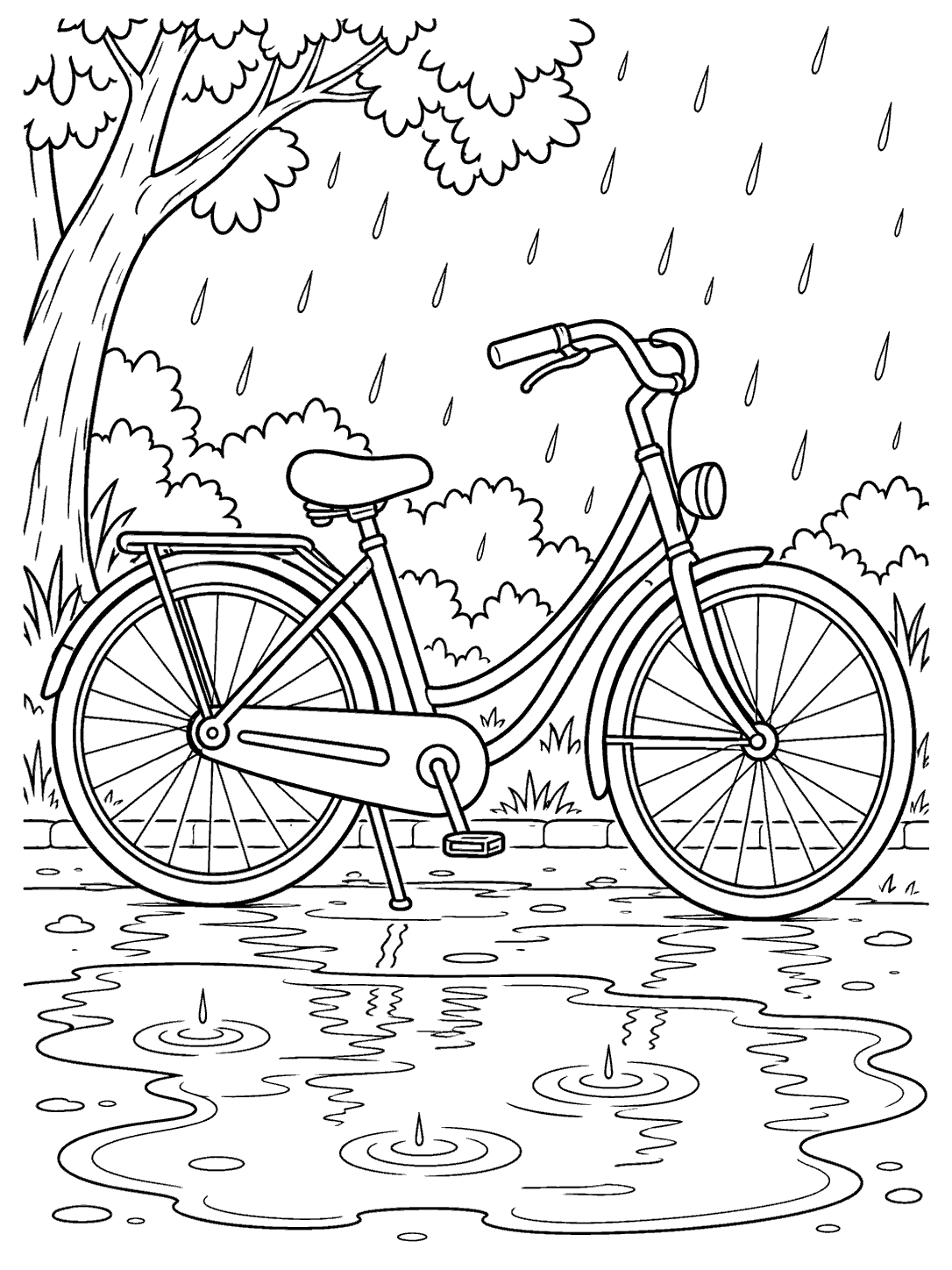Side-view bicycle with visible wheels, frame, fenders, and handlebars beside a puddle in the rain, with a tree and shrubs in the background.