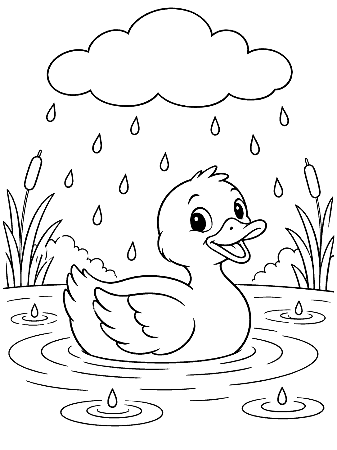 Black-outline coloring page of a friendly duck on a rainy pond, with reeds, ripples, raindrops, and a cloud.