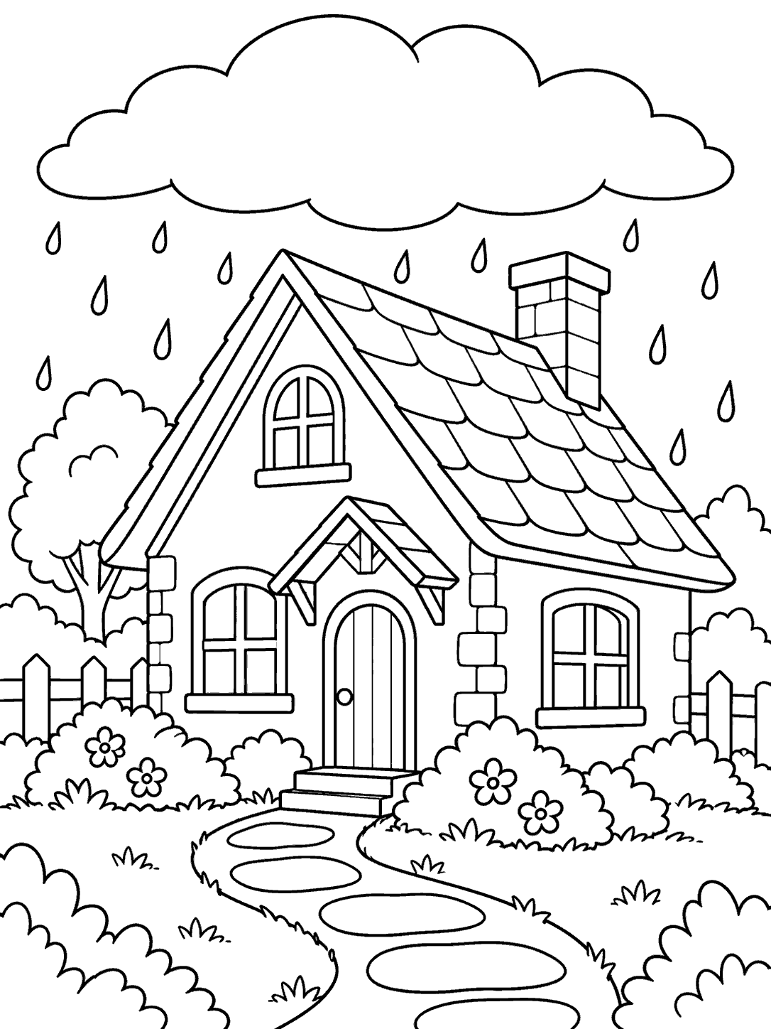 Black-outline cottage with a steep roof, windows, path, and raindrops beneath a large cloud.
