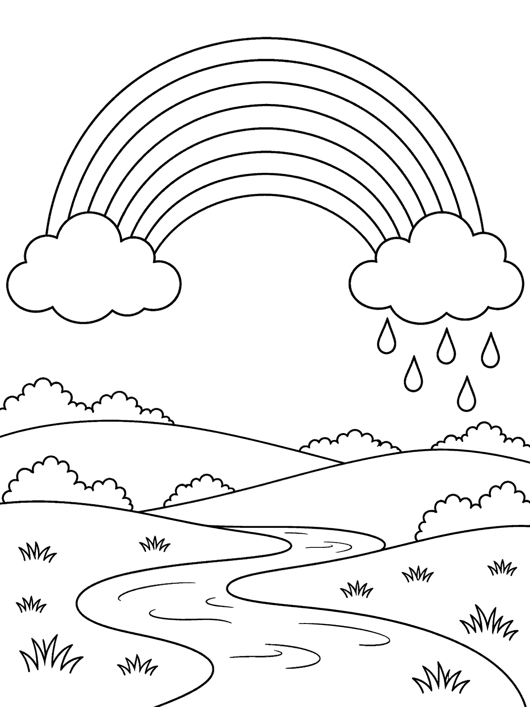 Black outline coloring page of a seven-band rainbow, clouds, raindrops, rolling hills, and a winding stream.