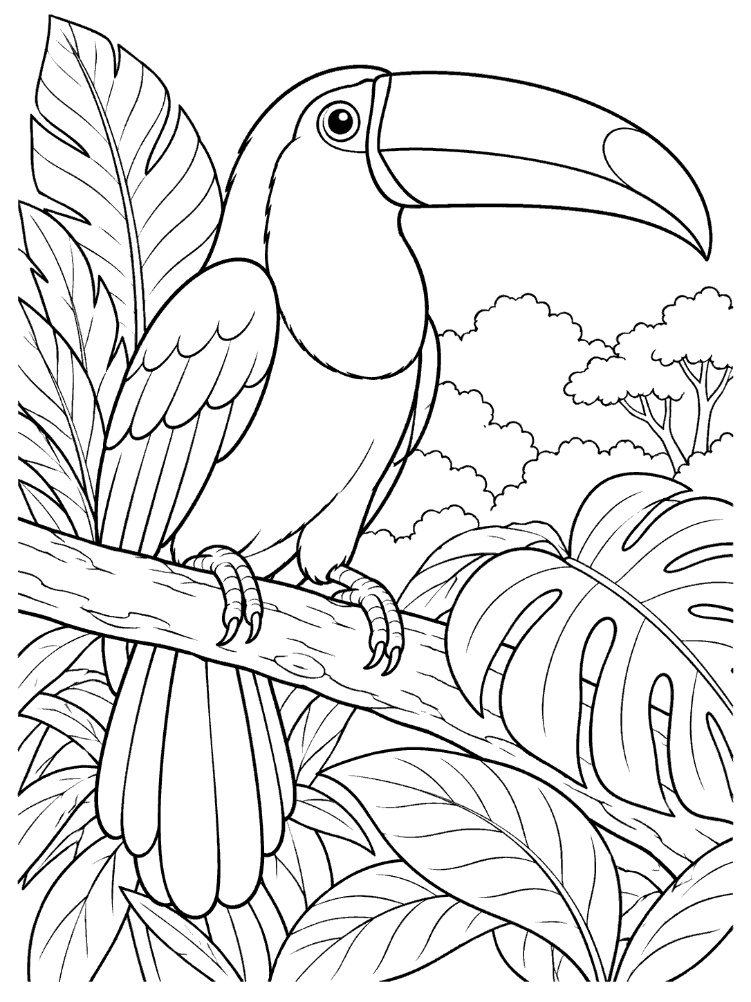 Black-outline coloring page of a toucan perched on a branch among tropical leaves, with distant treetops.