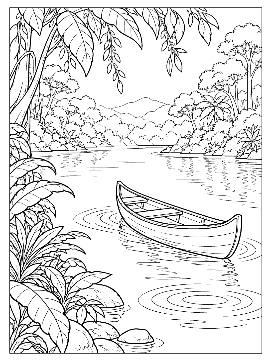 An empty canoe floats on a rainforest river, framed by overhanging leaves, distant trees, and broad water ripples.