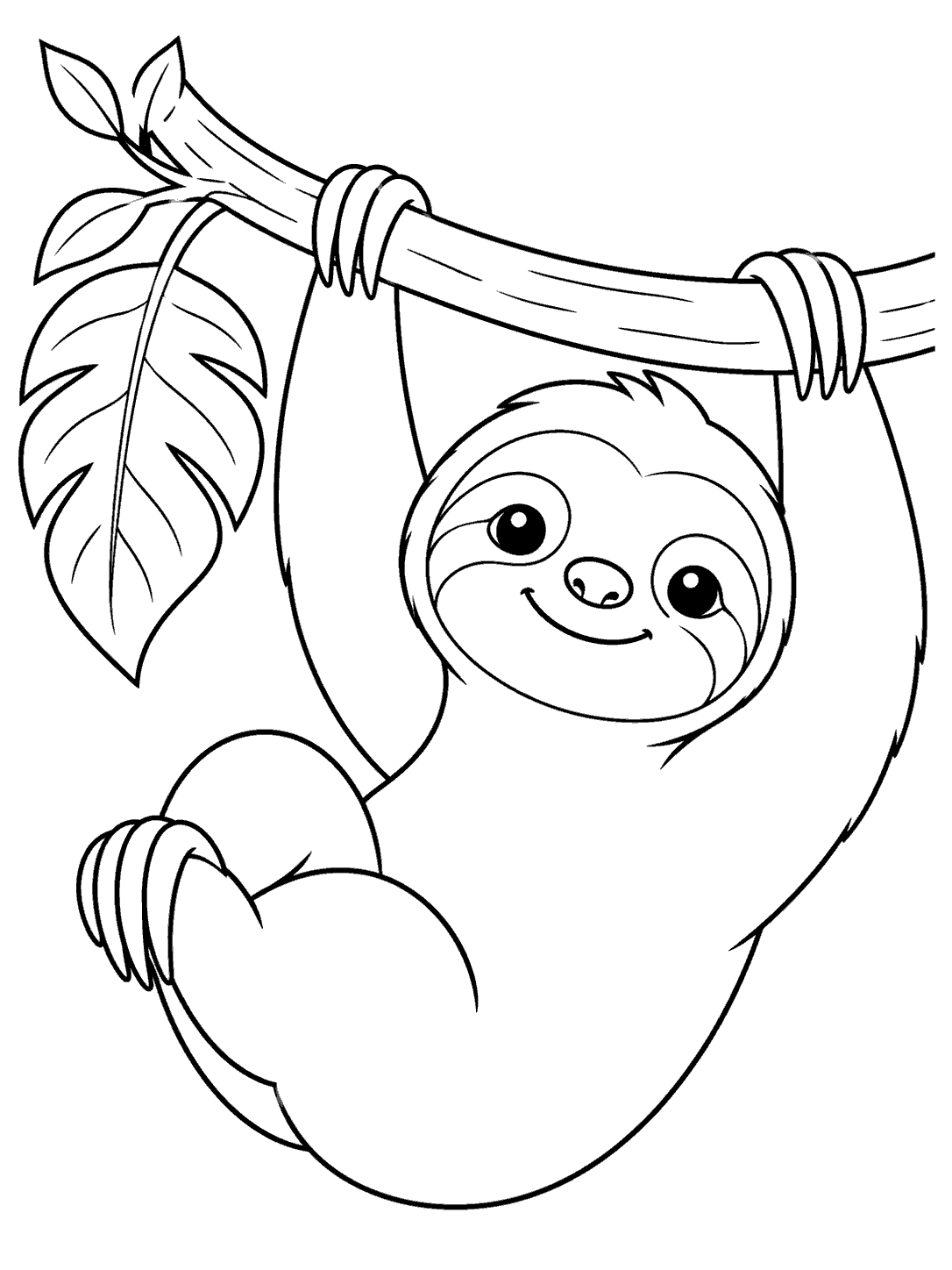 A friendly sloth hanging from a curved branch beside a large leaf, drawn in bold black outlines on white.