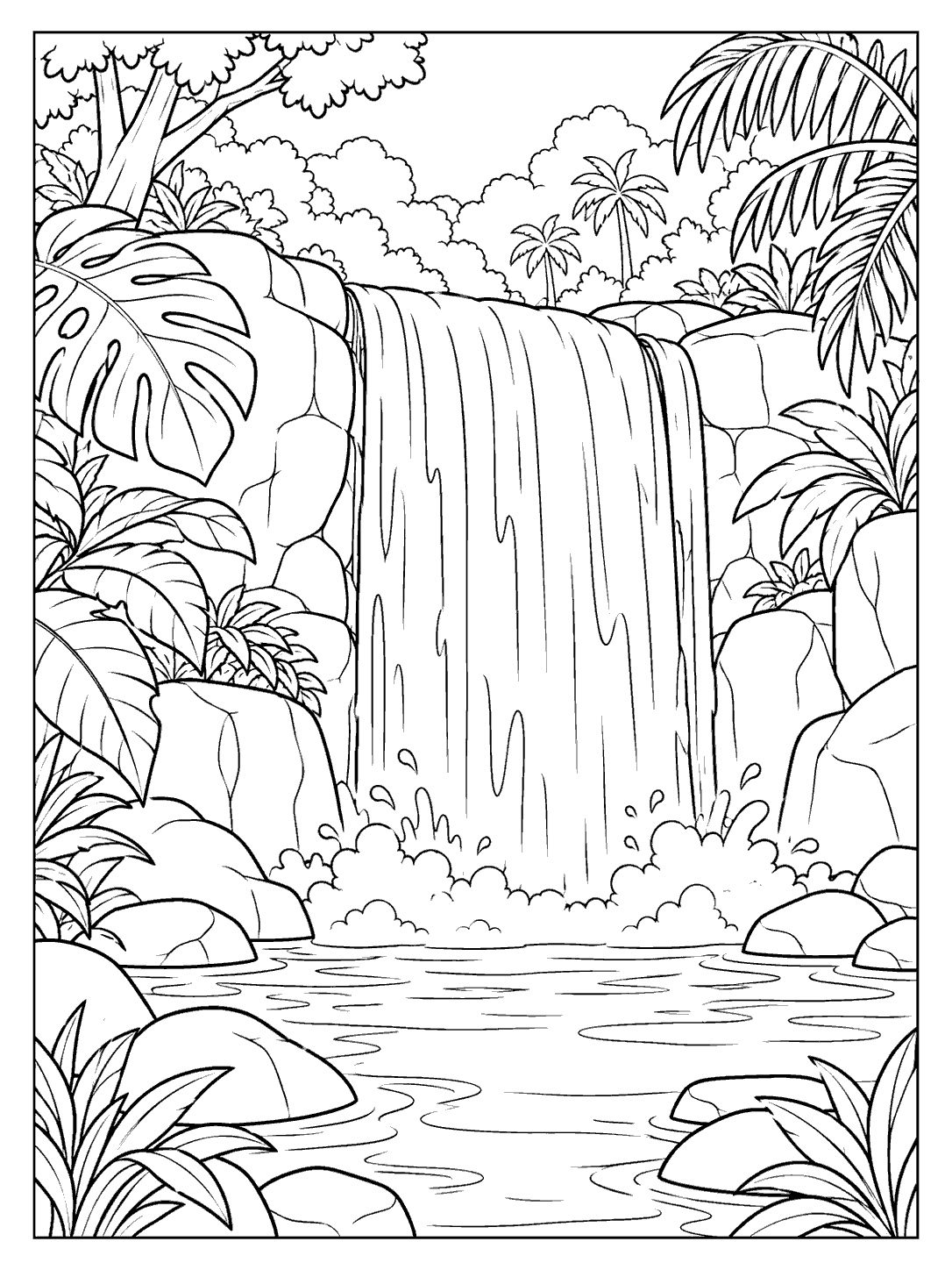 A broad waterfall pours over a rocky ledge into a rippling pool, framed by tropical leaves and rainforest trees.