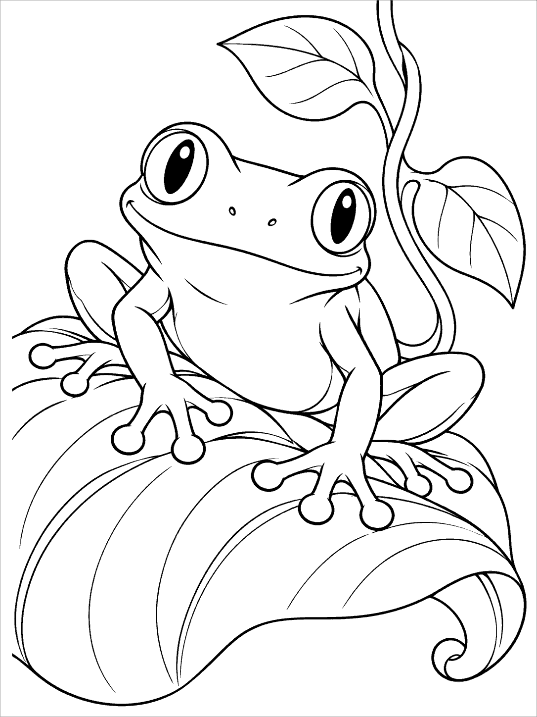 Tree frog sitting on a curling rainforest leaf, with a vine and two leaves behind it.