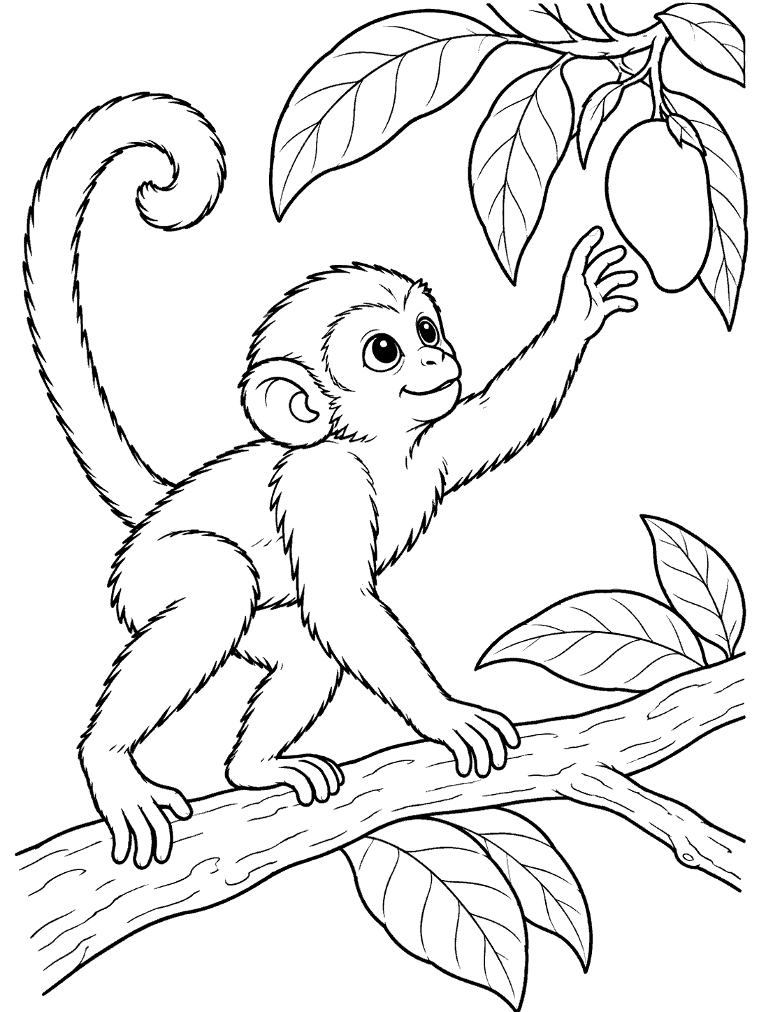 A small monkey balanced on a branch reaches toward one hanging fruit, surrounded by large rainforest leaves.