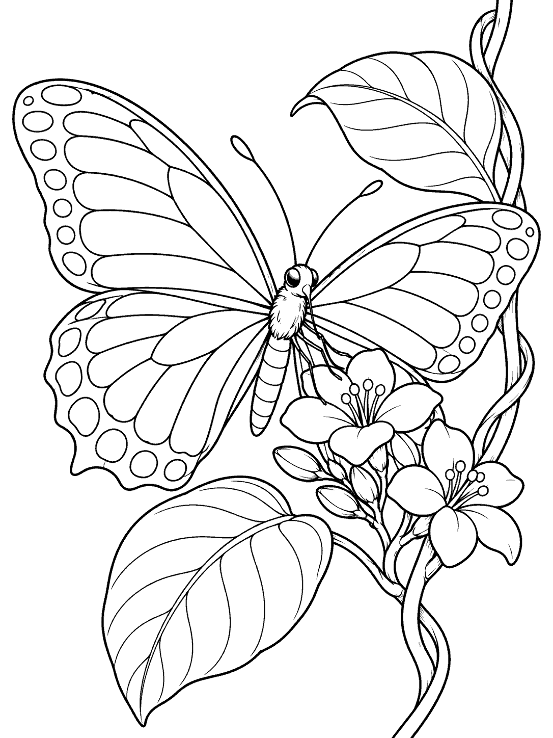 Large butterfly with symmetrical patterned wings beside a flowering rainforest vine, two broad leaves, and a flower cluster.
