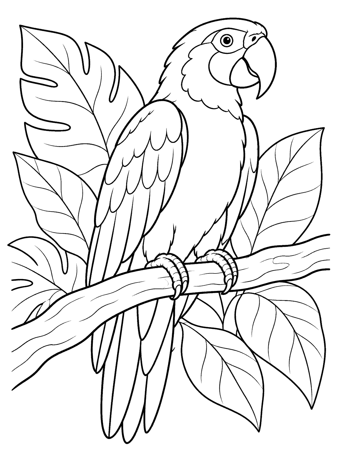 Upright parrot perched on a branch, surrounded by large leaves.