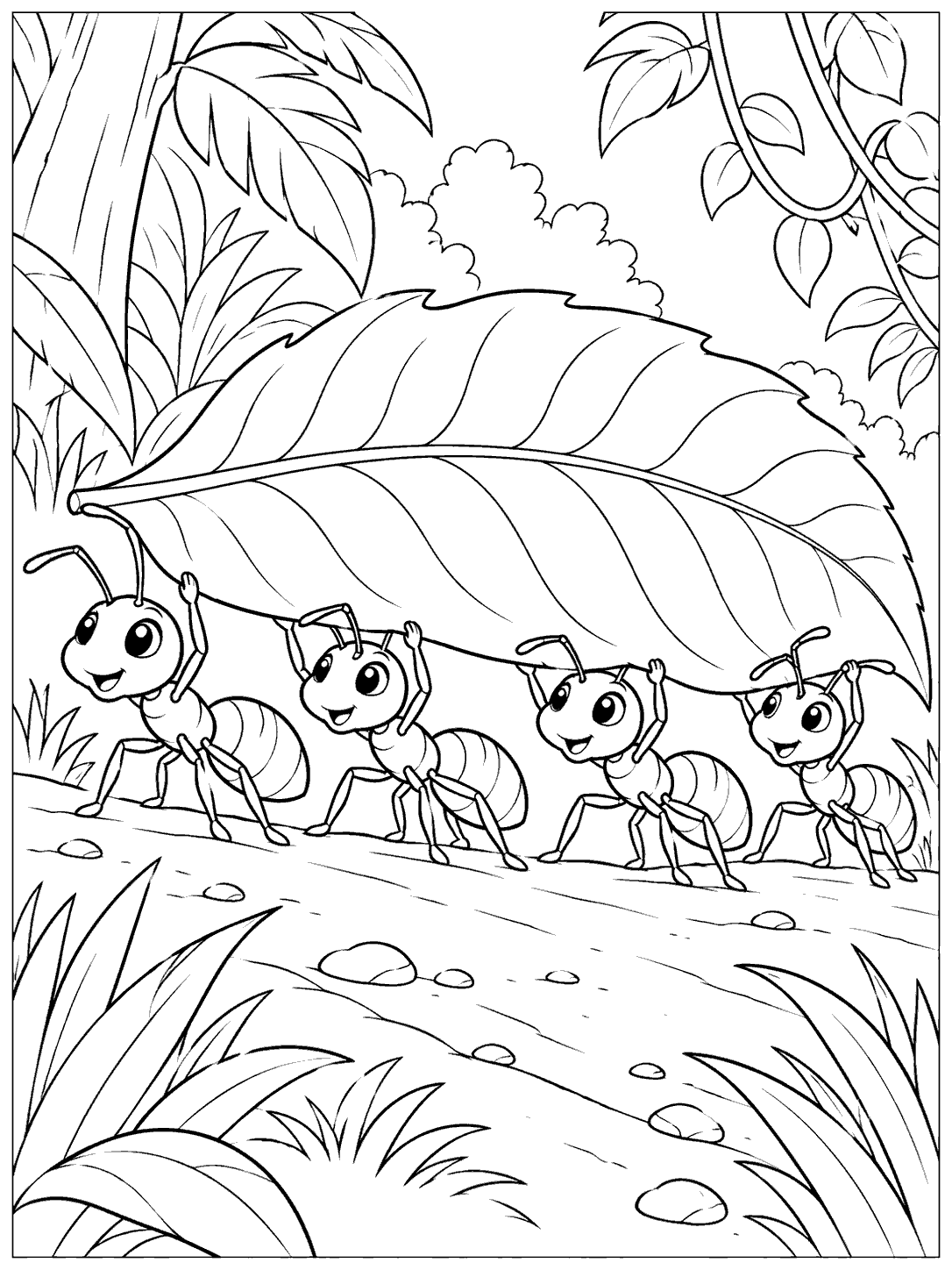 Four smiling ants carrying a large leaf across a forest path, surrounded by foliage and stones