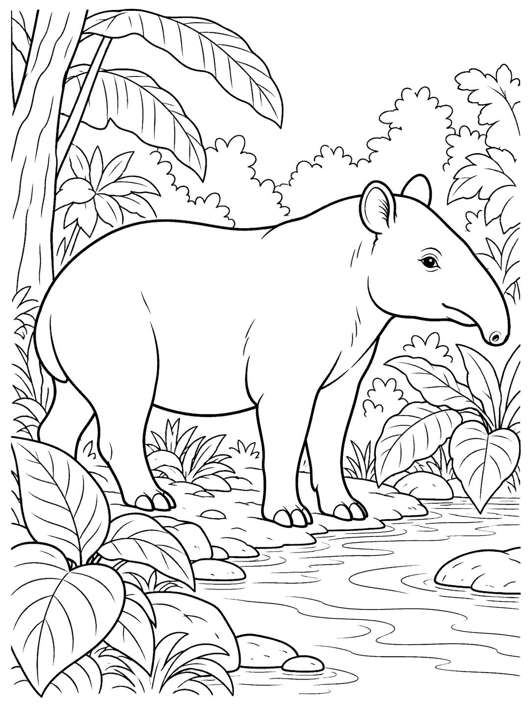 Tapir standing beside a rainforest stream, surrounded by broad leaves and riverbank plants.