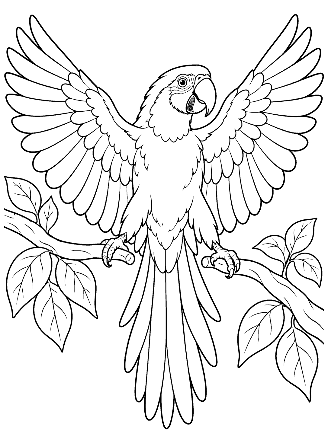 Centered macaw spreading broad feathered wings above two leafy branches, drawn in black outlines on white.