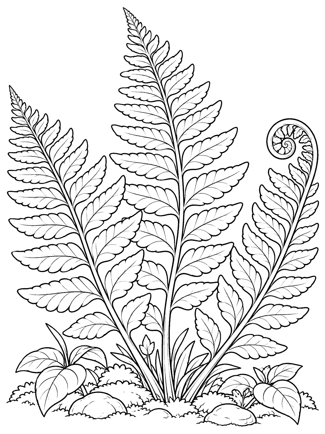 Black-and-white coloring page showing three large fern fronds, including a curled young frond, growing among simple forest-floor plants and stones.