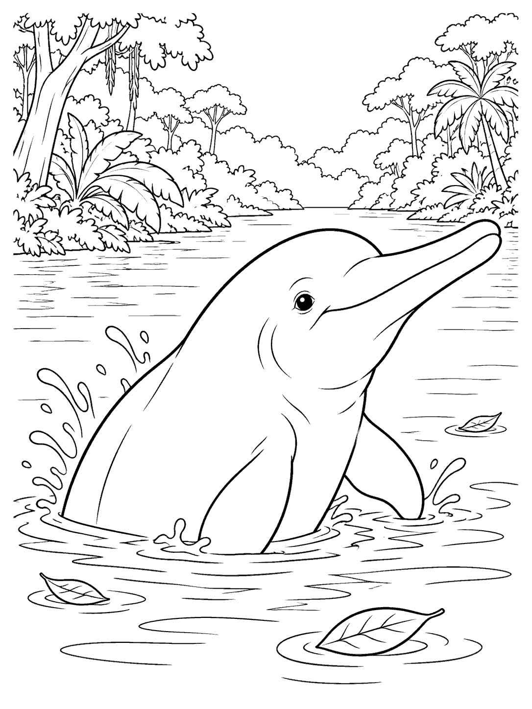 A friendly river dolphin rises from a calm rainforest river, surrounded by sparse splash arcs, floating leaves, and rainforest trees.