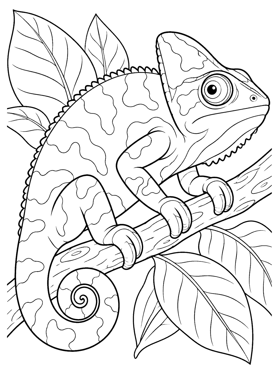 Chameleon gripping a rainforest branch, surrounded by large leaves