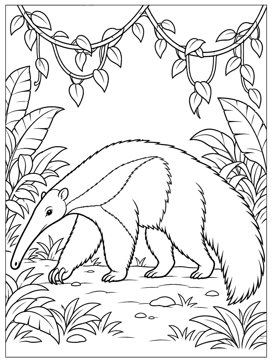 Full-body giant anteater walking in side profile beneath leafy vines, with a simple ground line.