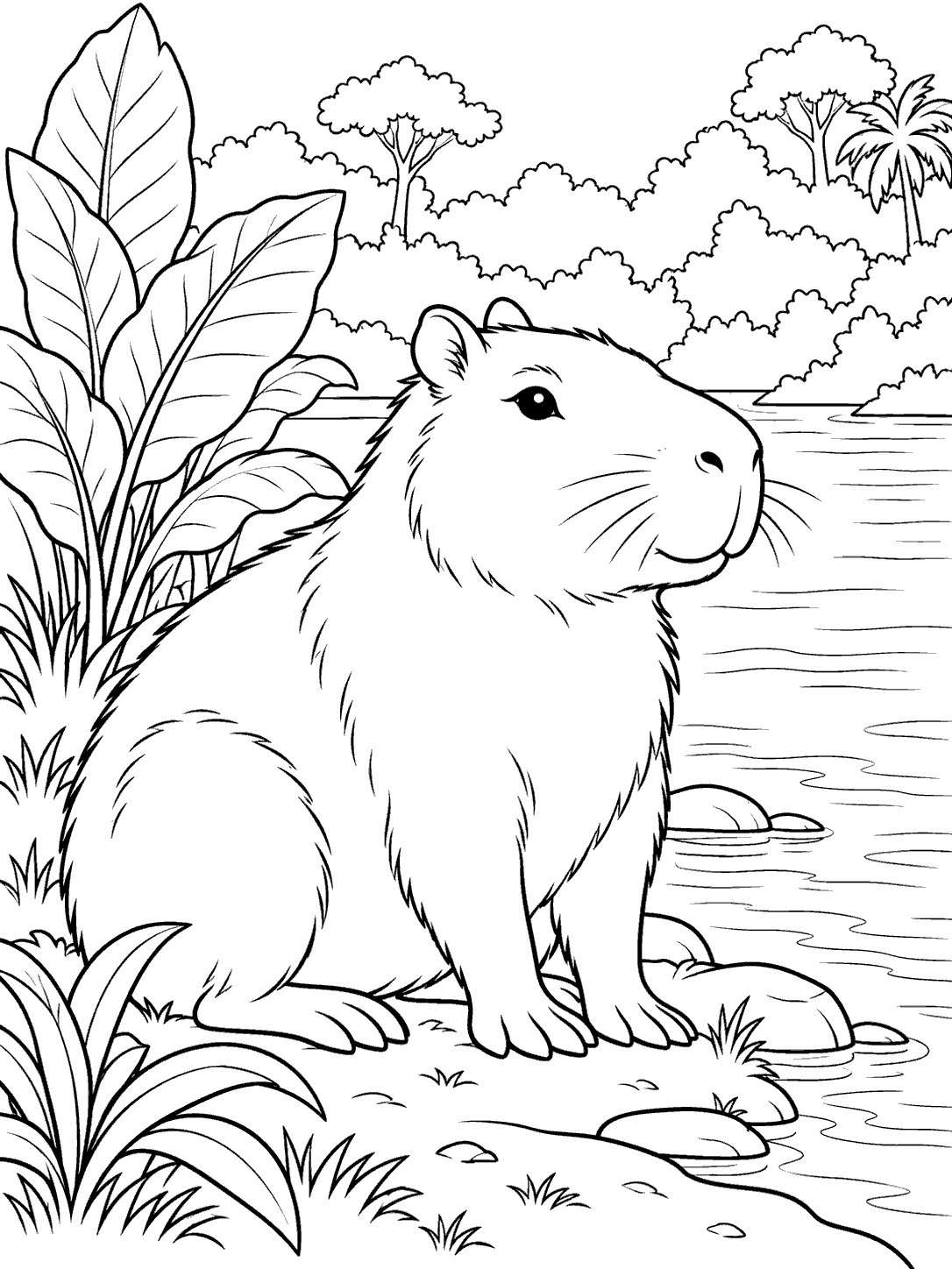Black-and-white coloring page of a relaxed capybara sitting on a rainforest riverbank beside calm water, with broad plants and distant trees.