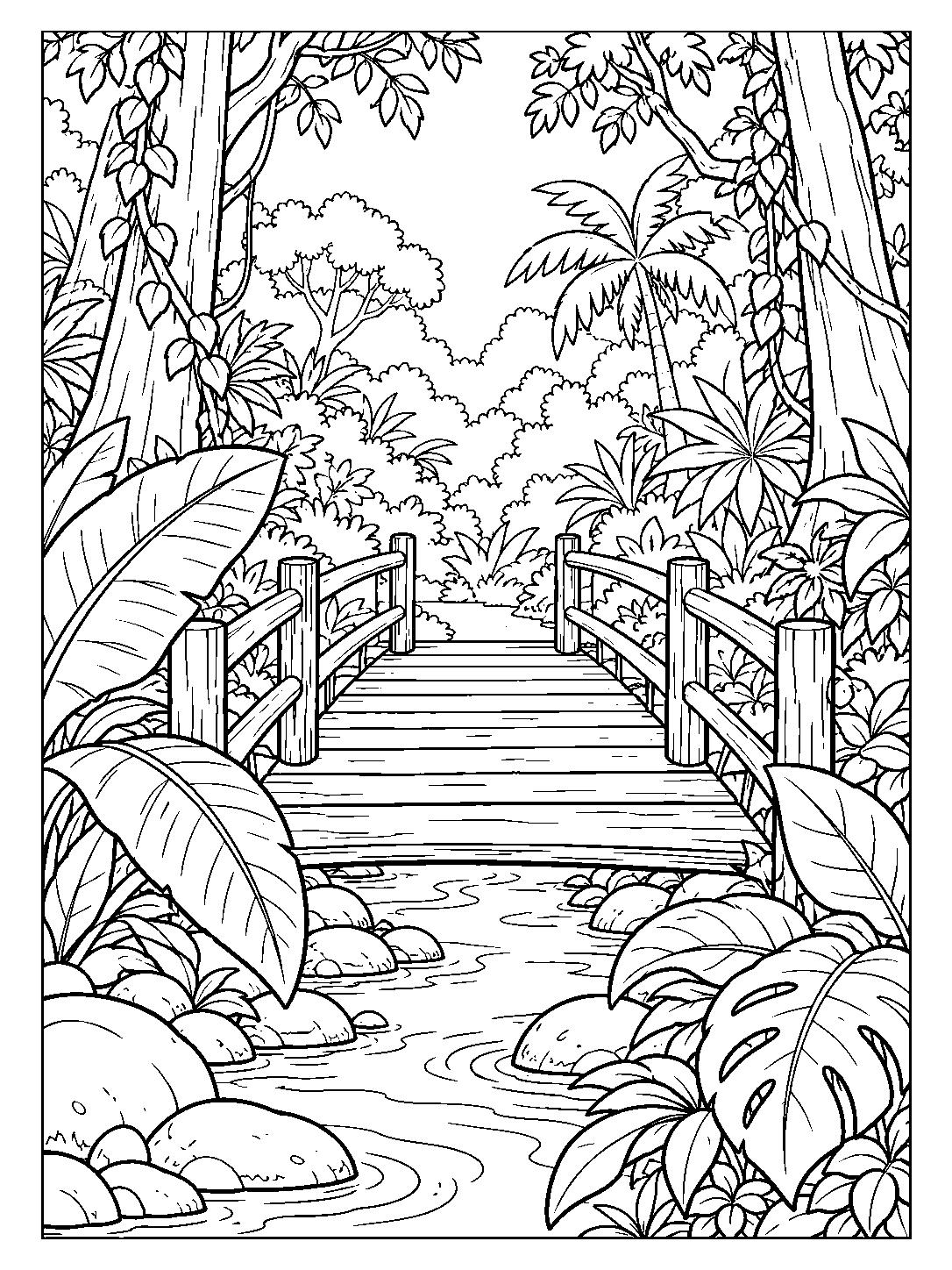 Wooden footbridge crossing a rainforest stream, framed by large leaves and tree trunks.