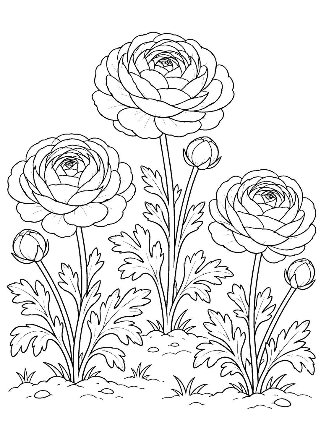A black-and-white coloring page showing three ranunculus plants with layered blooms, several buds, lobed leaves, and a simple garden bed.
