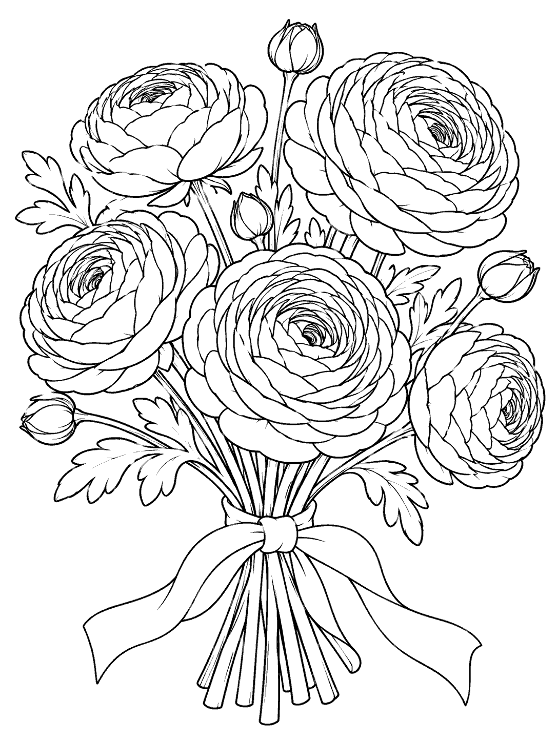 Five rounded, densely layered ranunculus blooms with several buds and simple leaves tied into a bouquet with a plain ribbon.