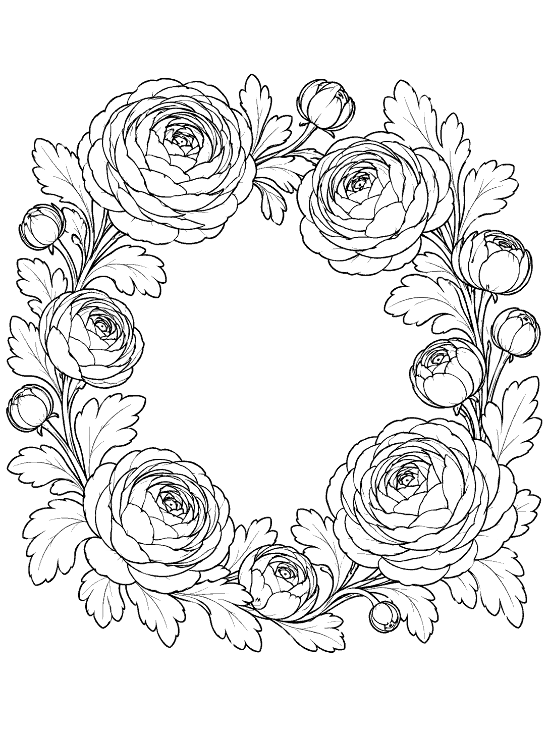 A circular wreath of layered ranunculus blooms, small buds, and broad leaves, drawn in black outlines around a large white center.