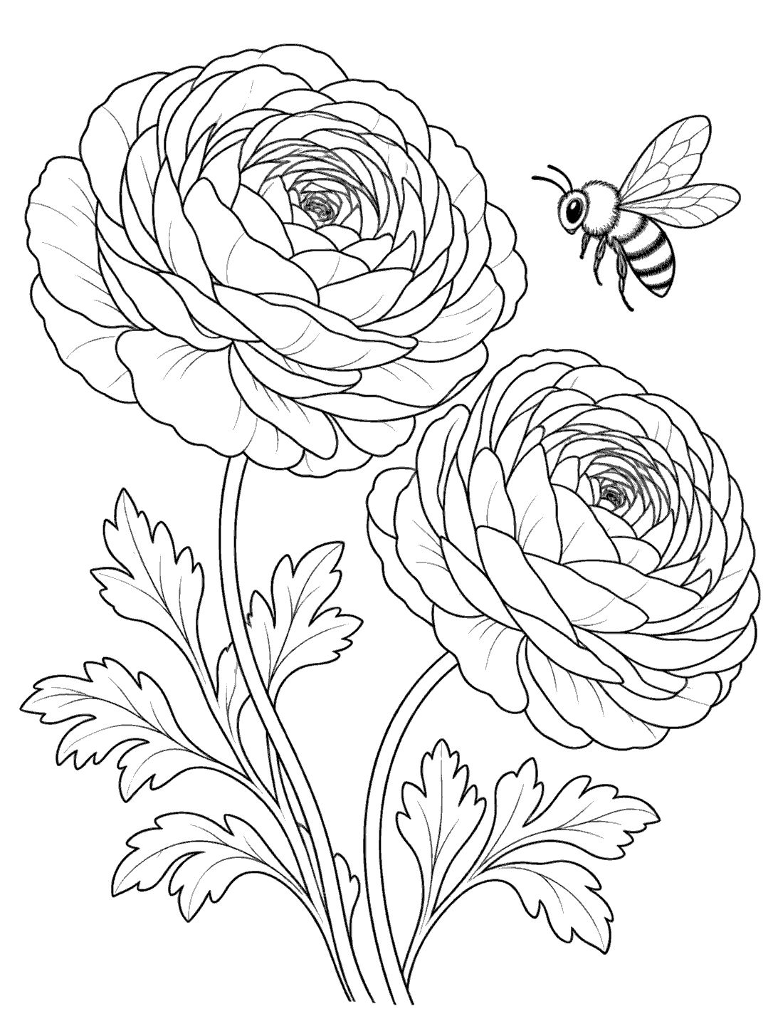 A bee hovering beside two layered ranunculus blooms on curved stems with leafy foliage.