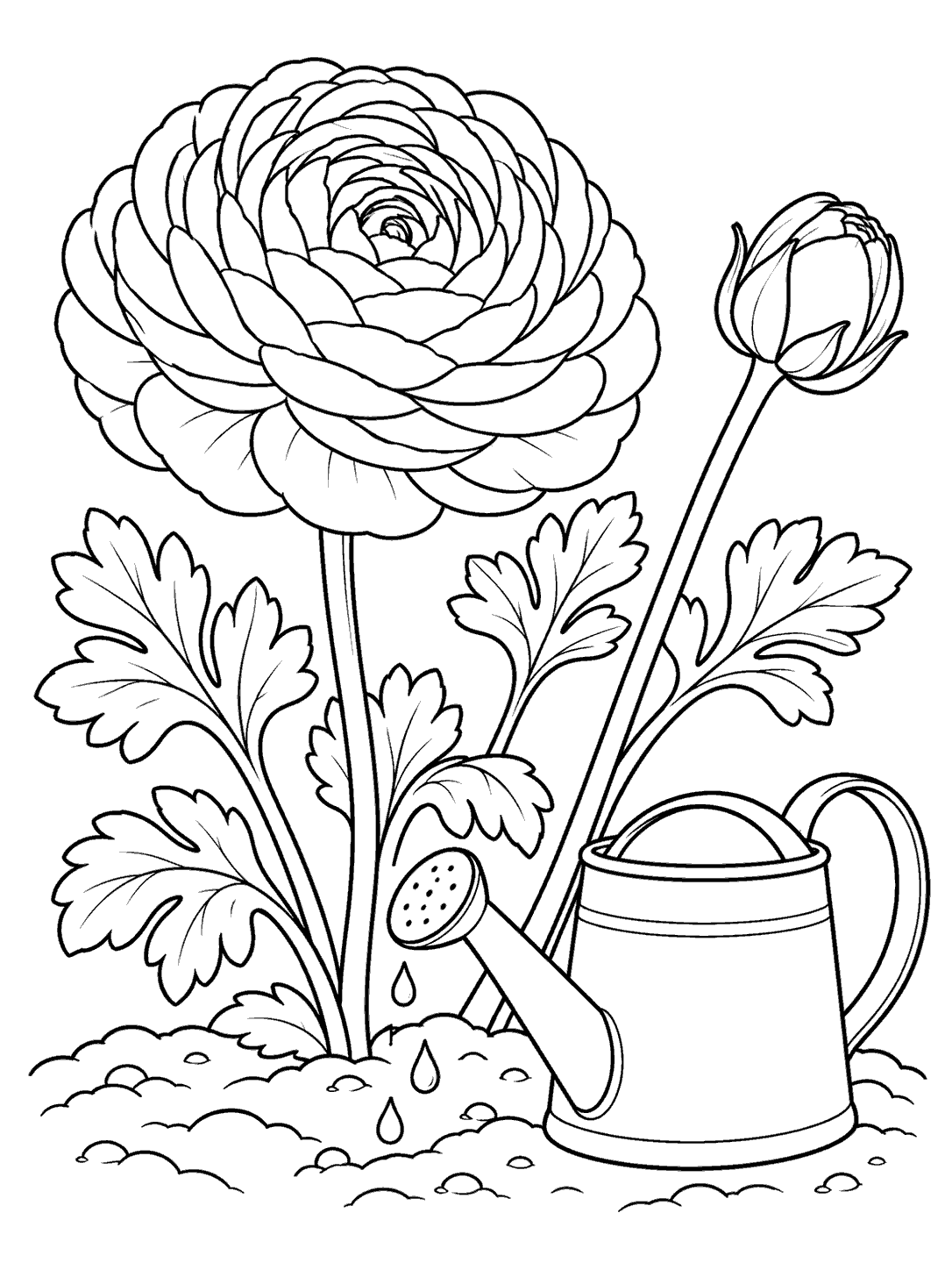 Black-and-white line art of a large ranunculus flower, bud, and leafy stems beside a long-spouted watering can in a small garden patch.