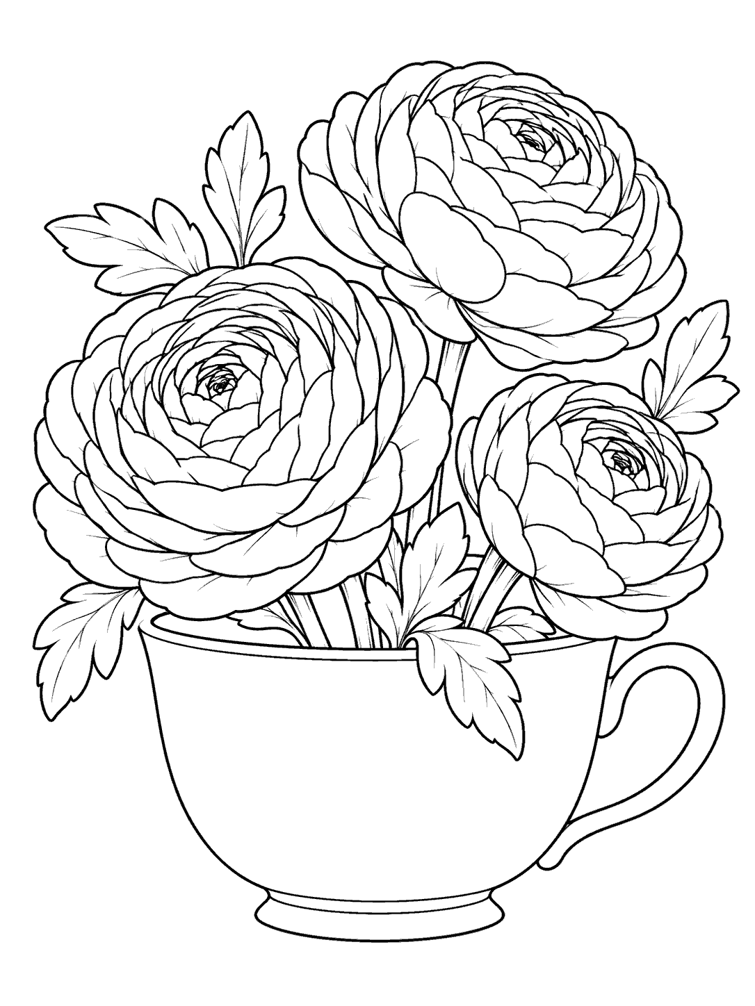 Three large, rounded ranunculus flowers with leaves arranged in a plain teacup with a visible handle.