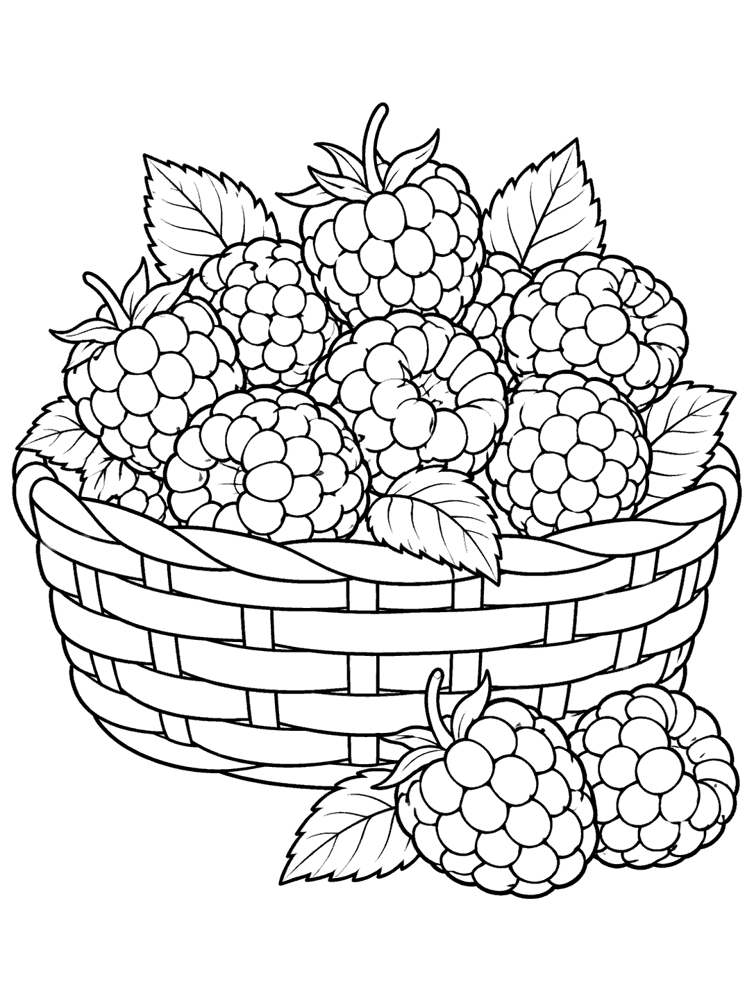 Black-outline coloring page of a woven basket piled with raspberries and two berries beside it.
