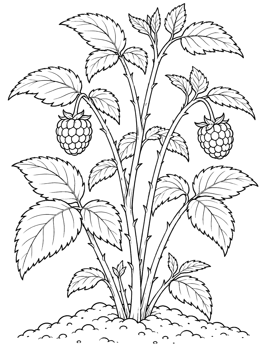 A raspberry plant coloring page with upright canes, serrated leaves, and two berries.