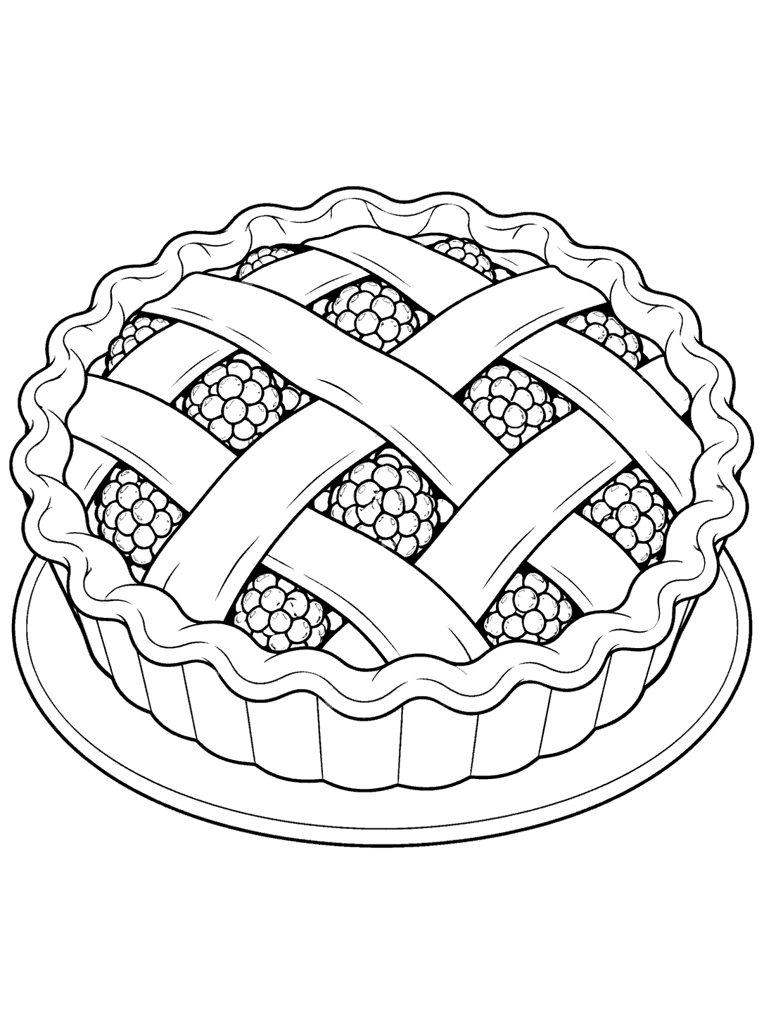 Raspberry pie coloring page with a lattice crust on a serving plate
