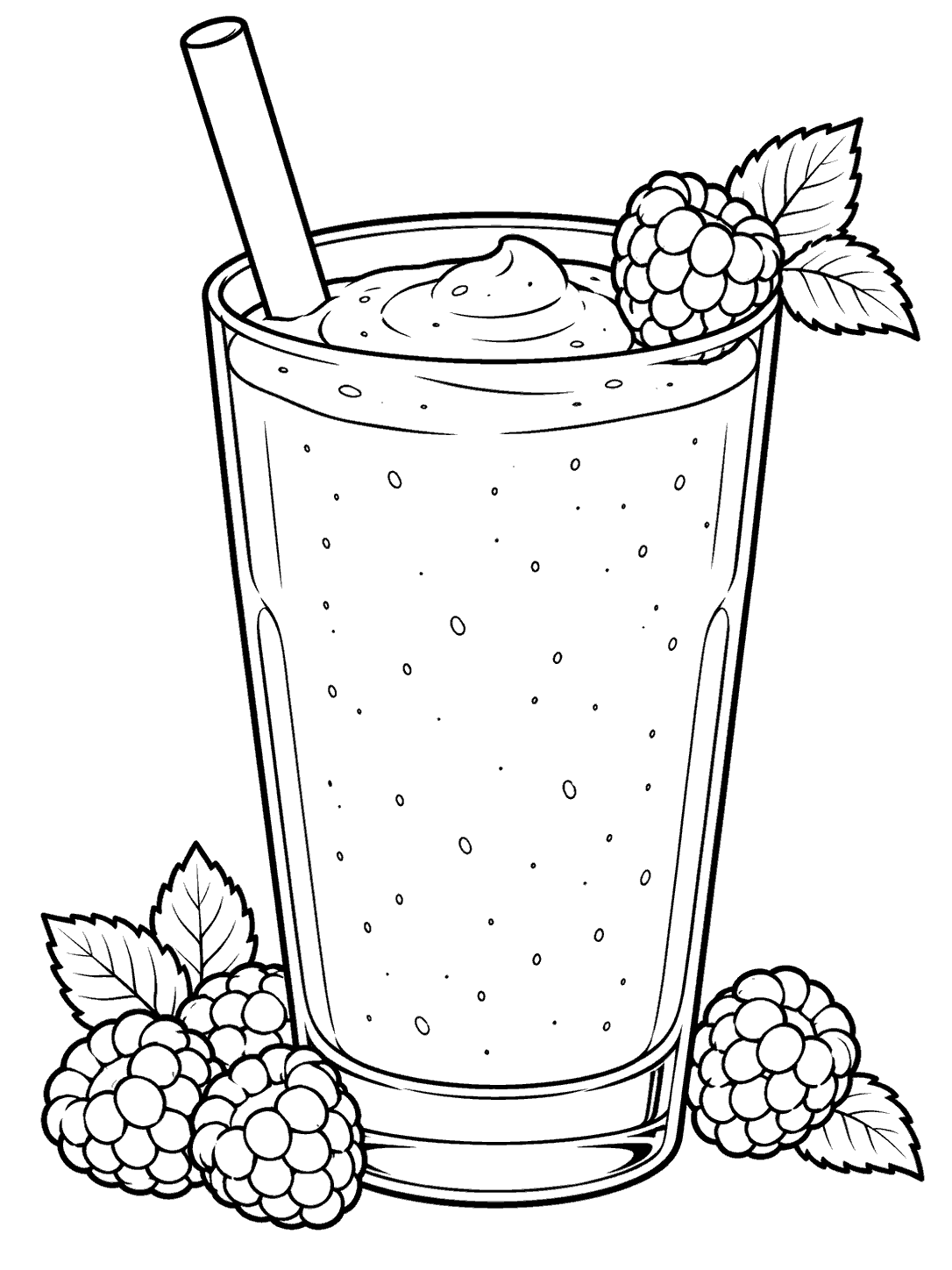 Black-outline coloring page of a tall raspberry smoothie glass with a wide straw, raspberries, and leaves.