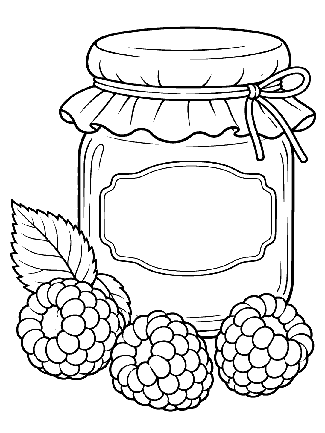 Black-outline coloring page of a large jam jar with a blank label, three raspberries, and one leaf.