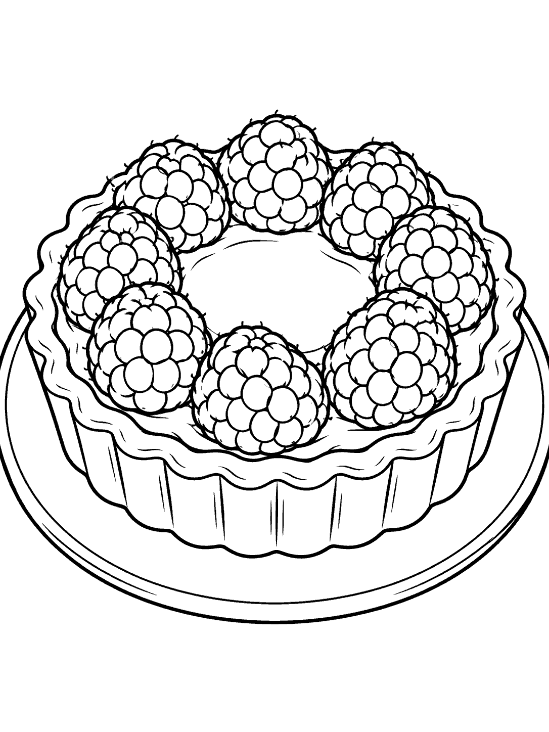 Black-outline coloring page of a fluted raspberry tart on a dessert plate, with raspberries arranged in a ring around an open center.