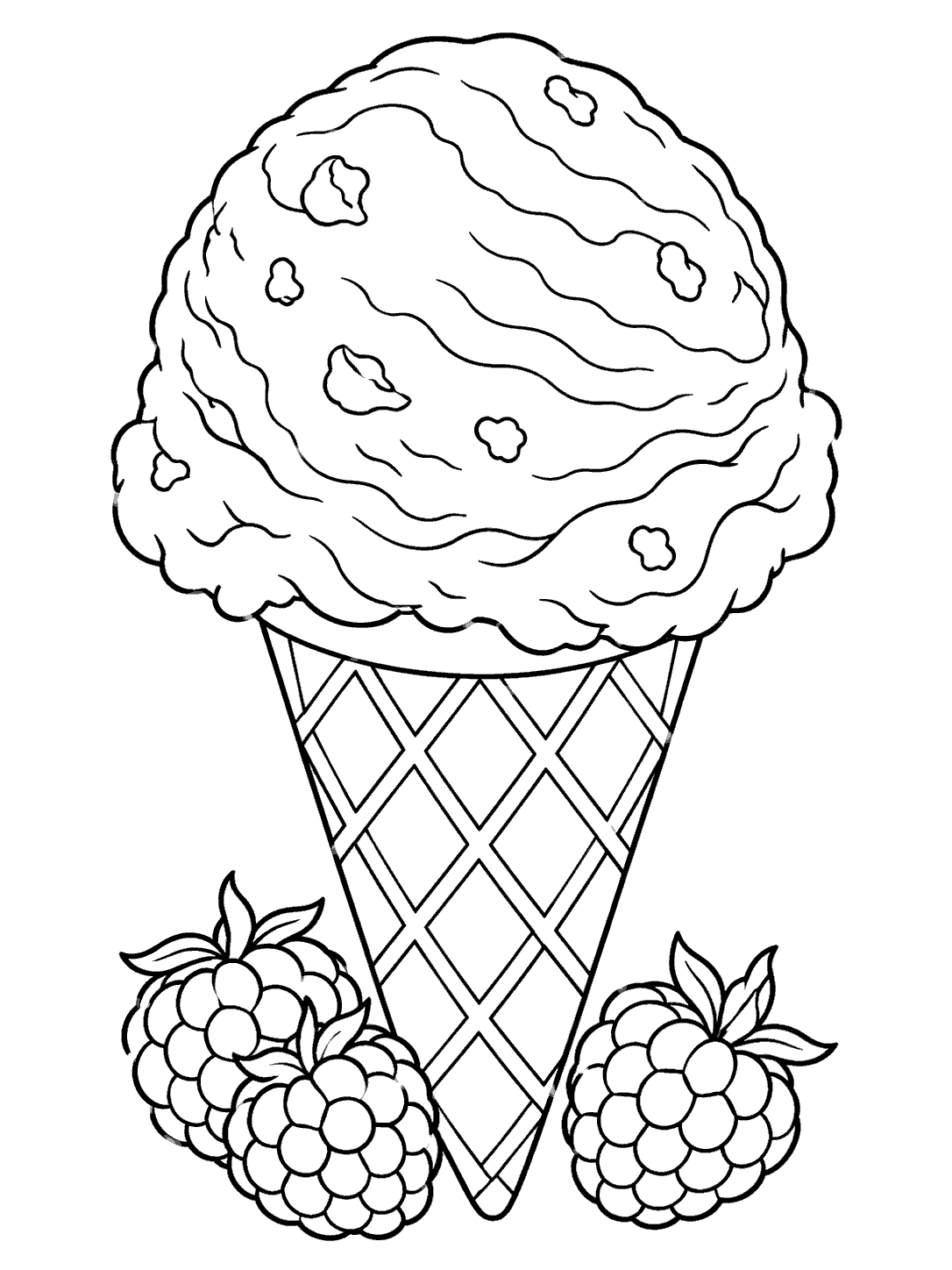 Raspberry ice cream cone coloring page with raspberries at the base