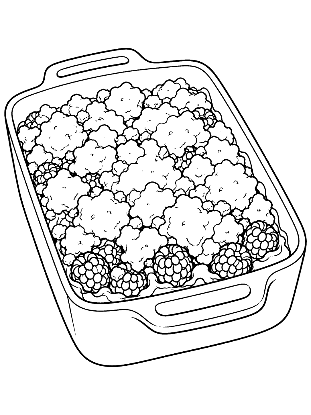Black-outline coloring page of a rectangular baking dish filled with raspberry crumble, with berries along the front edge.