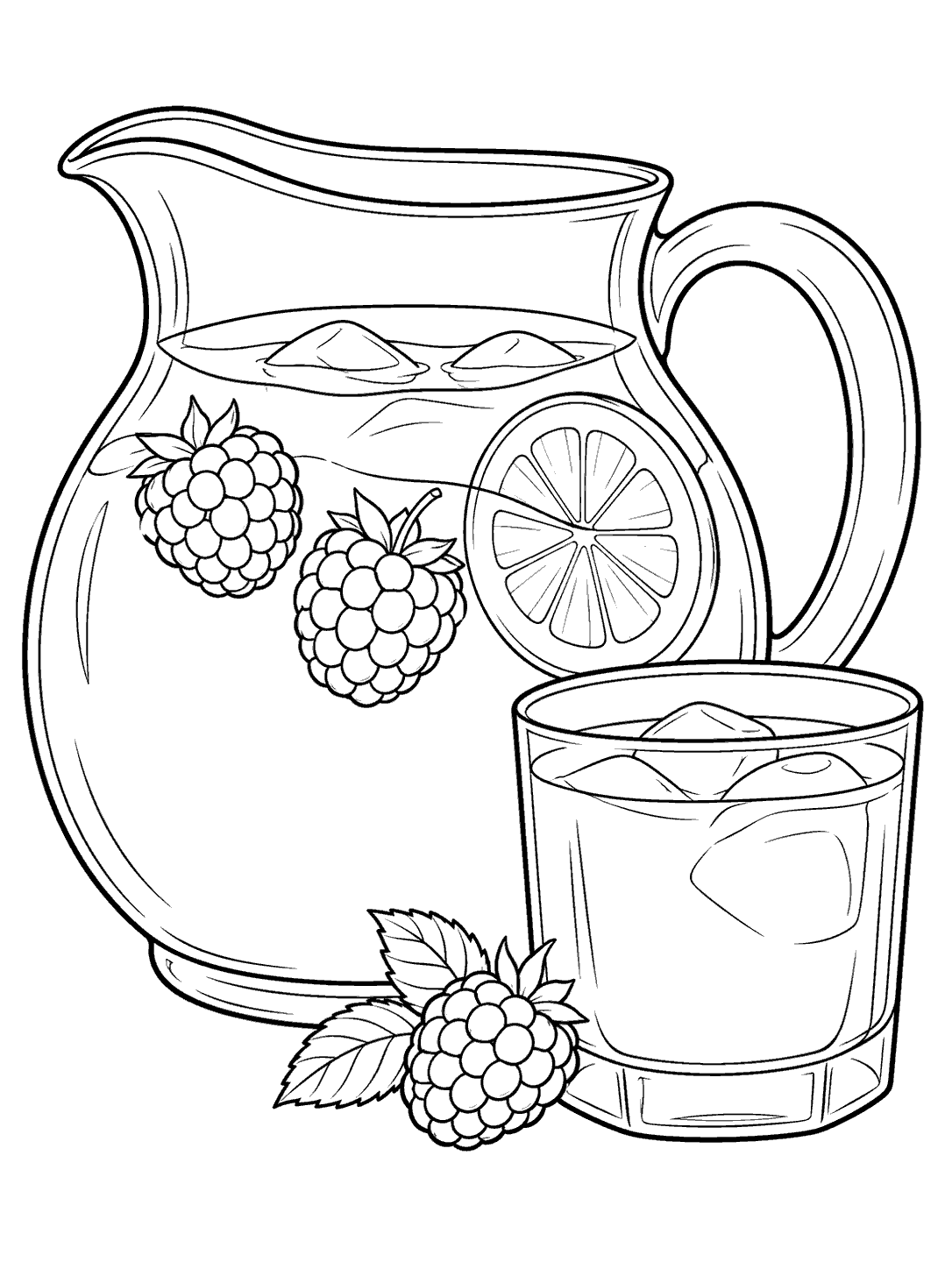 Black-outline raspberry lemonade coloring page with a pitcher, tumbler, lemon slice, and berries.