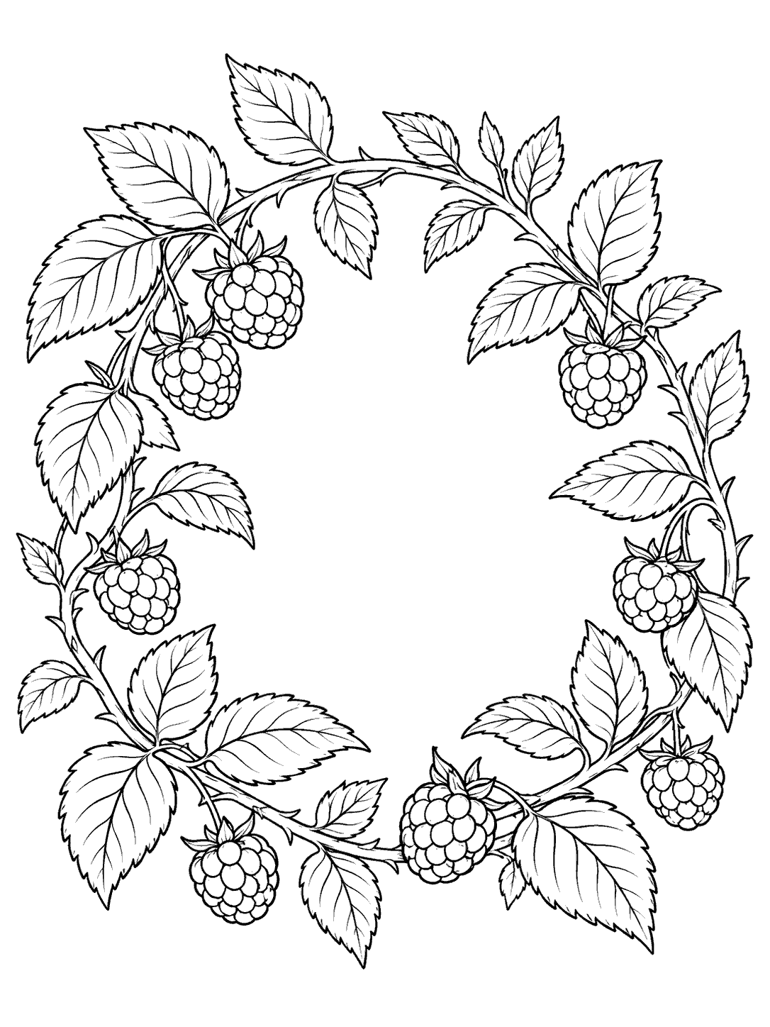 Black-outline coloring page of raspberry canes and leaves arranged in a wreath with whole berries and an open center.